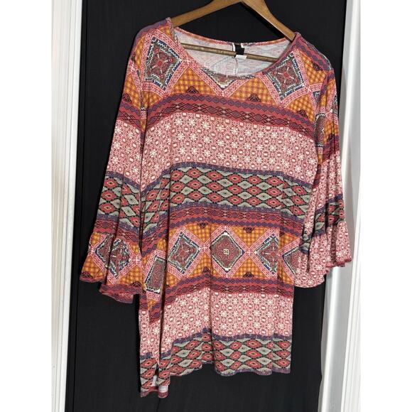 YAHADA MULTICOLORED  Tunic Blouse Boho Cottage Soft Light Weight Bell Sleeve 1X - Picture 2 of 9